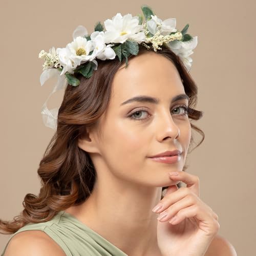 Radhu & Kabby White Daisy Floral Hair Tiara for Women | Artificial Flower Crown with Ribbon Tie | Elegant Headpiece for Weddings, Photoshoots, Festivals & Celebrations | Lightweight | 1 Pc - Image 4