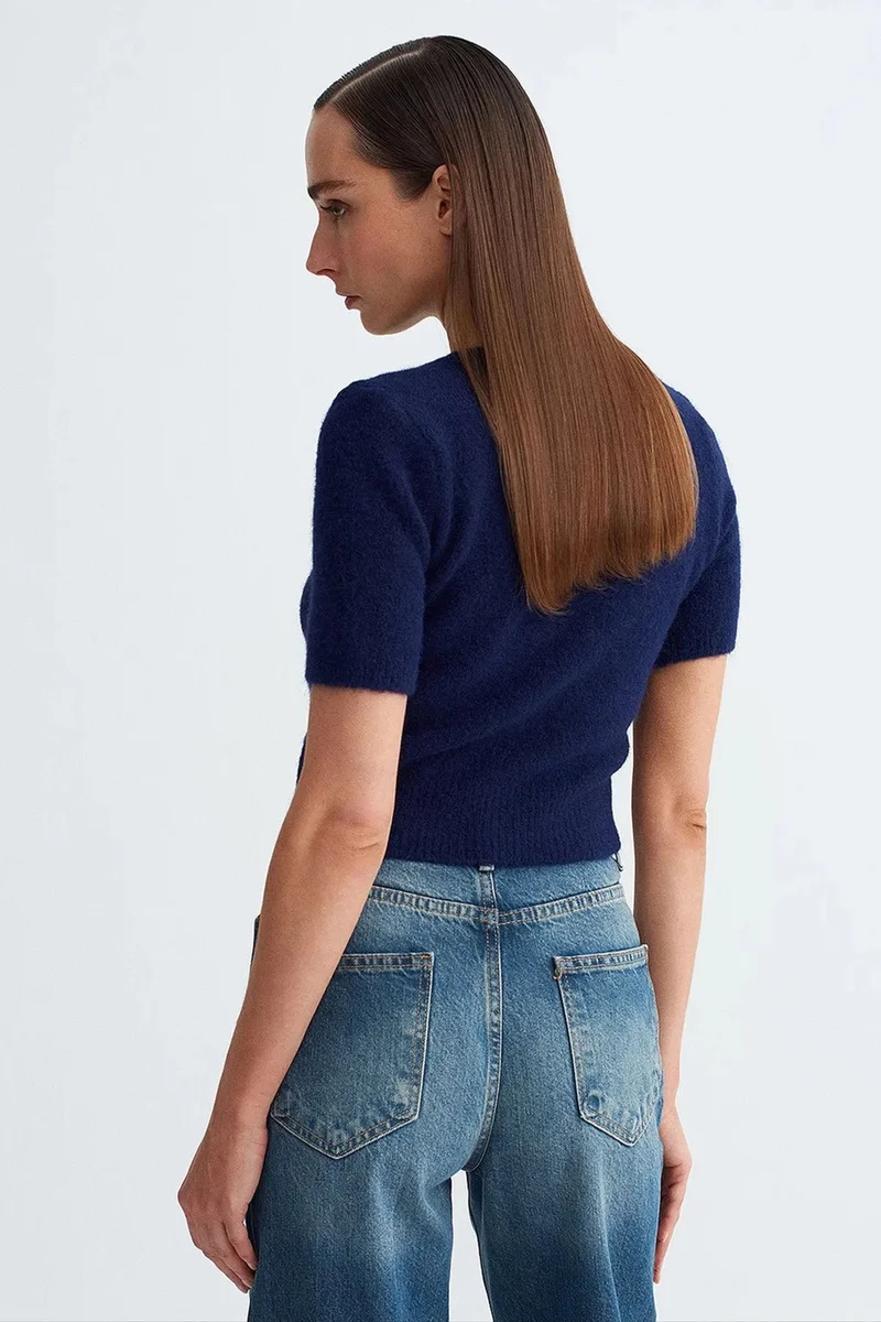Dilvin Navy Blue DILVIN Women’s Ribbed Crew Neck Short-sleeve Sweater for Women | Best Price UAE