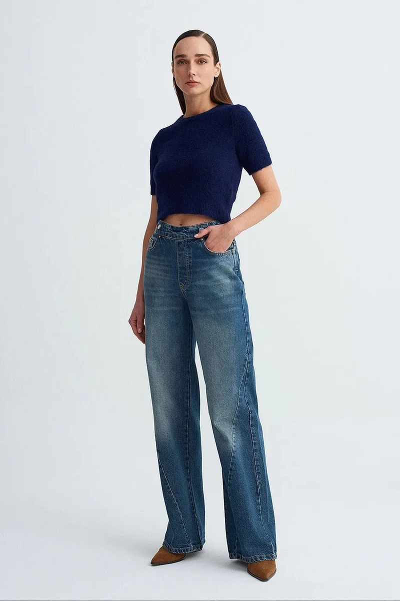 Dilvin Navy Blue DILVIN Women’s Ribbed Crew Neck Short-sleeve Sweater for Women | Best Price UAE