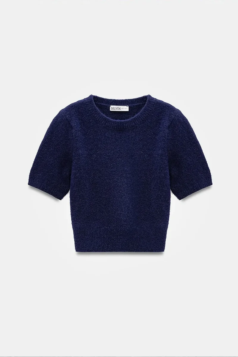 Dilvin Navy Blue DILVIN Women’s Ribbed Crew Neck Short-sleeve Sweater for Women | Best Price UAE