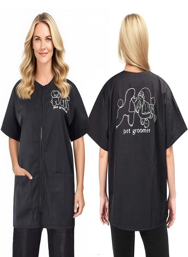 Noverlife Short Sleeves Pet Grooming Work Clothes with Full Zipper, XL Size, Splash Proof Anti-Static Pets Beautician Smock, Dog Cat Groomer Cosmetologist Uniforms for Pet Shop Men Women - Image 1