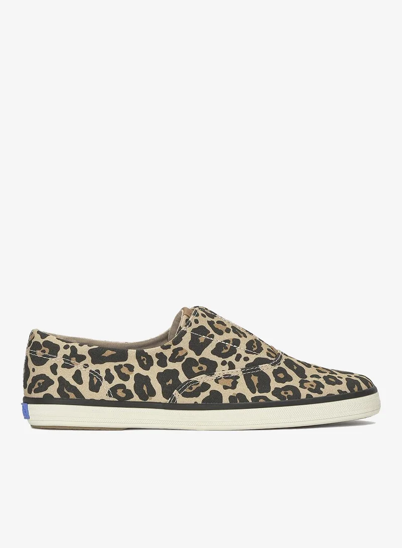 كيدز Keds Women's Champion Canvas Slip-On Sneaker is all-Over Print, Vulcanized Casual Shoe Tan