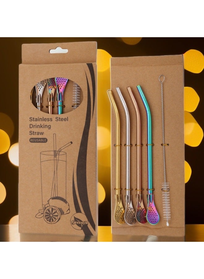 Straw Spoon South America Foreign Trade Stainless Steel Removable Gift Box Vintage Juice Milk Tea Filter Med Tea Straw-Color:Silver Gift Box With 4 Spoons And 1 Brush/5 Pieces In Total-Specifications:18.cm*z Large Quantity Supports Personalized Packaging - Image 2