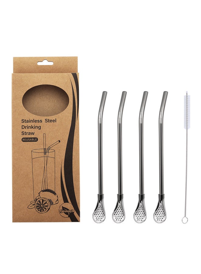 Straw Spoon South America Foreign Trade Stainless Steel Removable Gift Box Vintage Juice Milk Tea Filter Med Tea Straw-Color:Silver Gift Box With 4 Spoons And 1 Brush/5 Pieces In Total-Specifications:18.cm*z Large Quantity Supports Personalized Packaging - Image 1