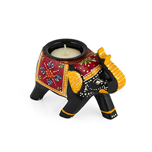 JH Gallery Home Decor Handcrafted And Hand-Painted Colorful Wooden Elephant Tea Light Holder (4 Inches, Black, Pack Of 1), Black Matty - Image 5