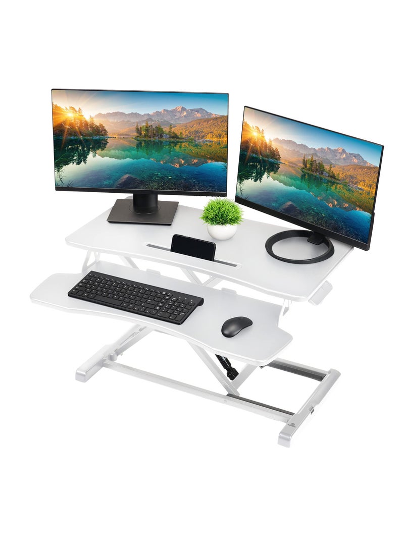 FlashHawk - Standing Desk Converter 32 inch, Height Adjustable Sit Stand Desk Riser, Quick Sit to Stand Tabletop Dual Monitor and Laptop Riser Workstation for Home Office with Keyboard Tray, White - Image 1