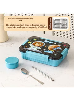 Generic Factory Direct 304 Stainless Steel Lunch Box Cartoon Student Lunch Box Can Enter The Microwave Oven Sealed Compartment Lunch Box-Specifications:Blue Aerospace Bear [with Chopsticks And Spoons + Sauce Dish]-Color:1000ml Three Grids  - Image 1
