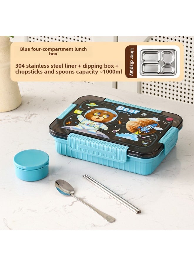 Generic - Factory Direct 304 Stainless Steel Lunch Box Cartoon Student Lunch Box Can Enter The Microwave Oven Sealed Compartment Lunch Box-Specifications:Blue Aerospace Bear [with Chopsticks And Spoons + Sauce Dish]-Color:1000ml Three Grids - Image 1