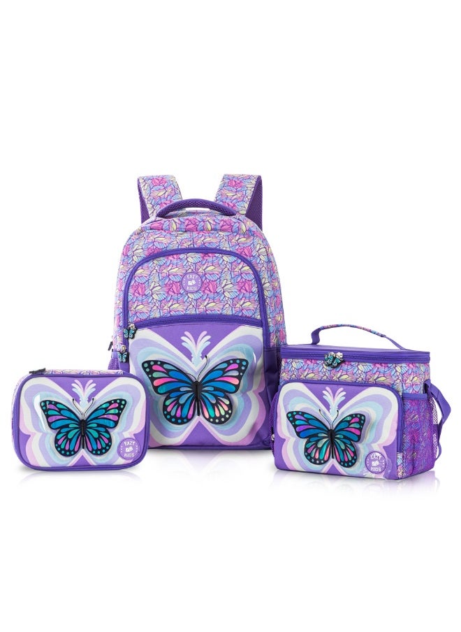 Eazy Kids Eazy Kids 18" Set of 3 Backpack w/ Lunch Bag and Pencil Case - 3D Butterfly Purple  - Image 1
