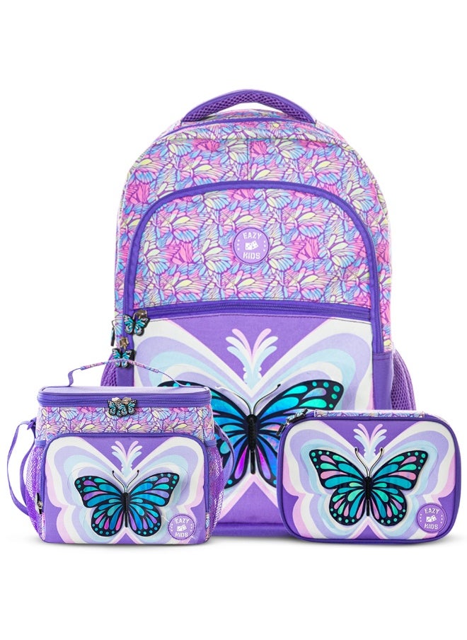 Eazy Kids Eazy Kids 18" Set of 3 Backpack w/ Lunch Bag and Pencil Case - 3D Butterfly Purple  - Image 1