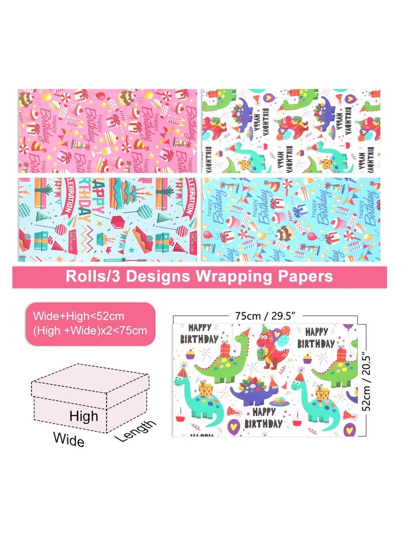 Excefore 20Pcs Gift Wrapping Papers, 4 Types Birthday Wrapping Paper Sheets, Recyclable Gift Wrap, Cake Dinosaur Candy Print Design Wrapping Paper for Wedding Party Kids - Image 2