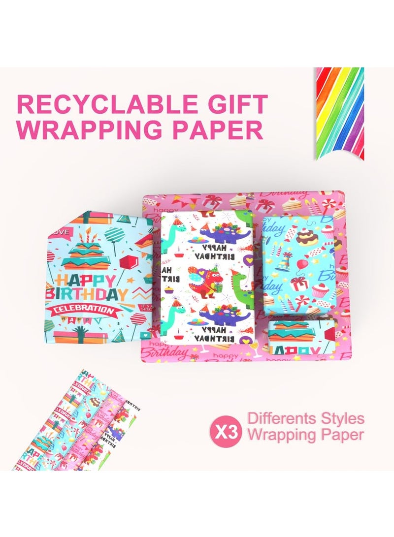 Excefore 20Pcs Gift Wrapping Papers, 4 Types Birthday Wrapping Paper Sheets, Recyclable Gift Wrap, Cake Dinosaur Candy Print Design Wrapping Paper for Wedding Party Kids - Image 3