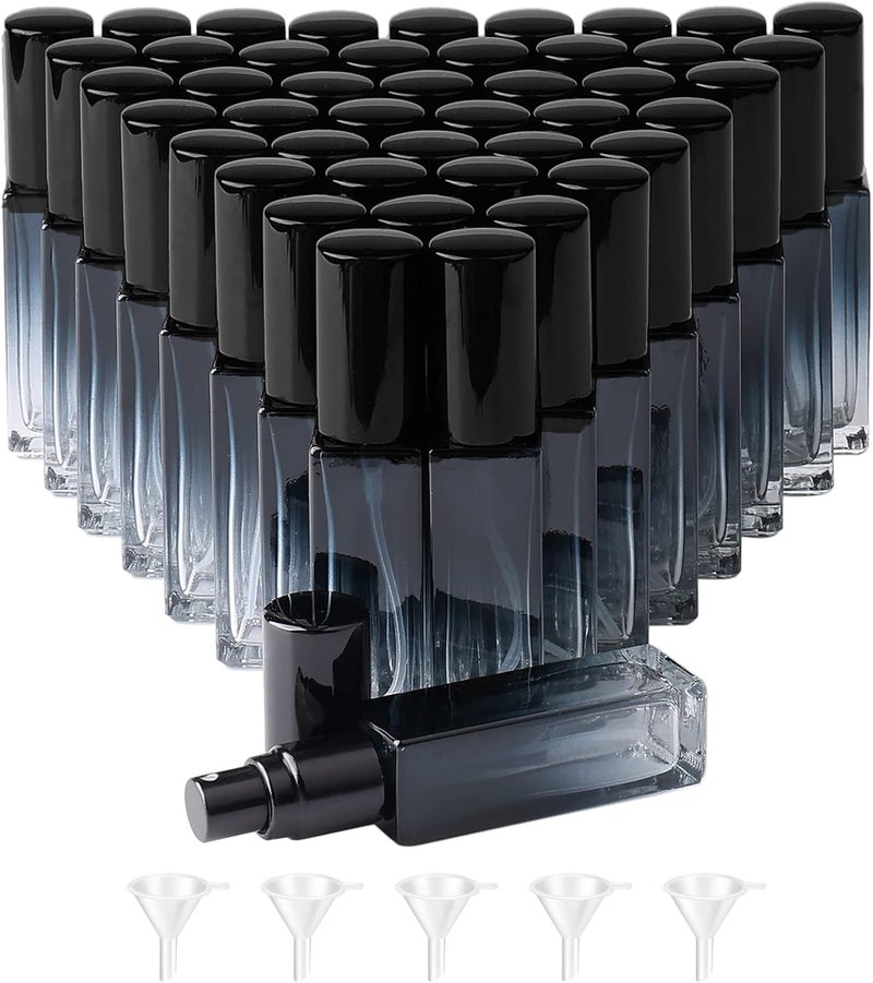 NewZoll 45pcs 10ml Mini Square Spray Bottle Glass Empty Spray Refillable Perfume Bottle Fine Mist Liquid Dispenser for Makeup Skin Care (Black Cap) 