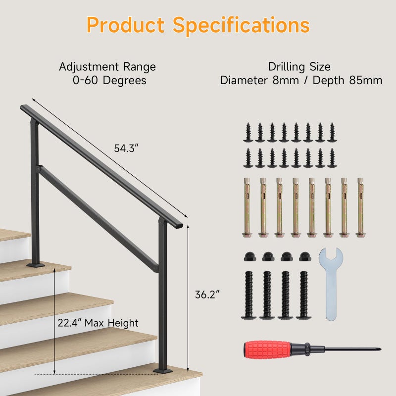 Dovov Hand Rails for Outdoor Steps, 2-5 Steps Wrought Iron Handrails for Outdoor Steps, Stair Railing for Porch, Home, Garden, Indoor, Staircase Handrails for Wooden, Cement, Brick, Marble (4 Steps) - Image 3