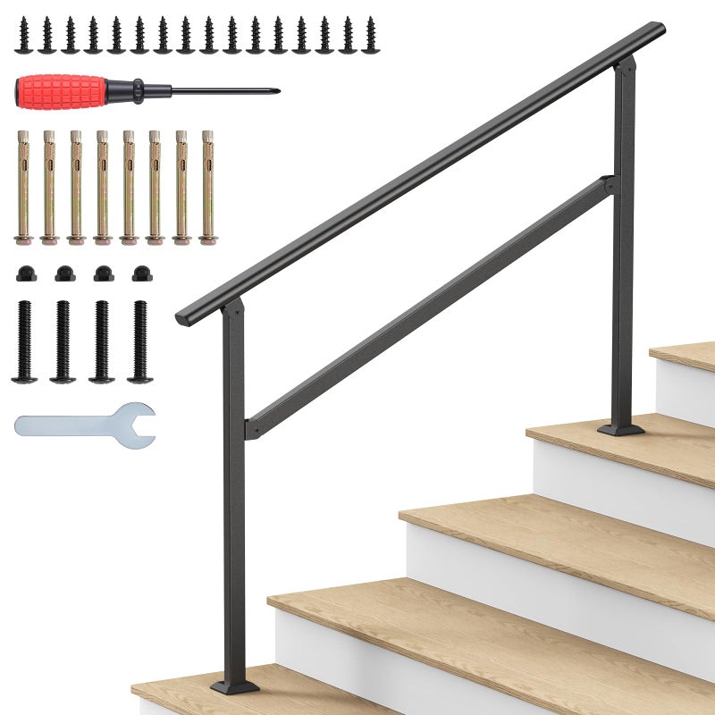 Dovov Hand Rails for Outdoor Steps, 2-5 Steps Wrought Iron Handrails for Outdoor Steps, Stair Railing for Porch, Home, Garden, Indoor, Staircase Handrails for Wooden, Cement, Brick, Marble (4 Steps) - Image 1