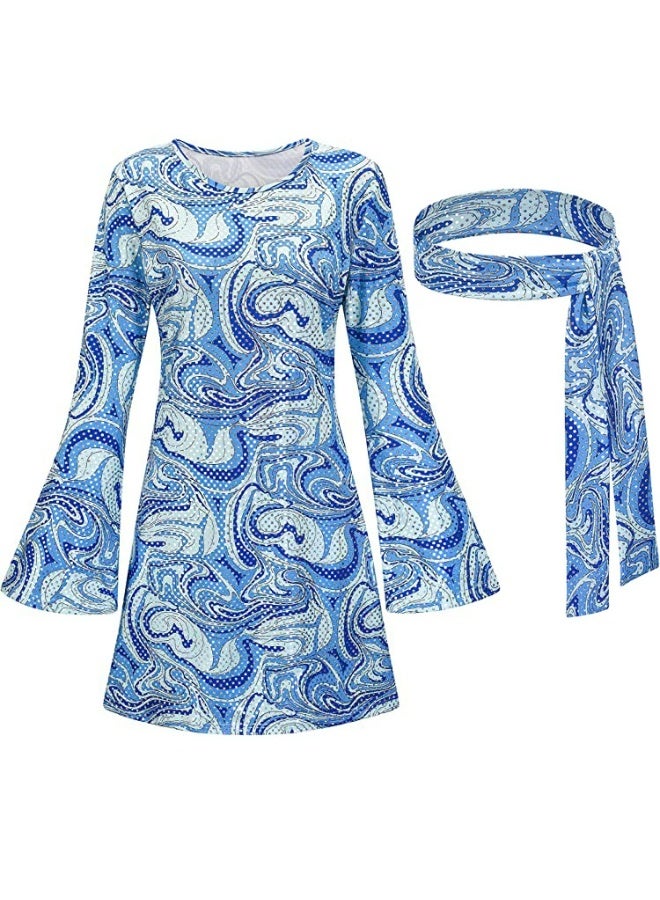 general Bohemian Geometric Print Mini Dress with Matching Headband - Flare Long Sleeve Crew Neck Casual Shift Dress for Women - Image 1