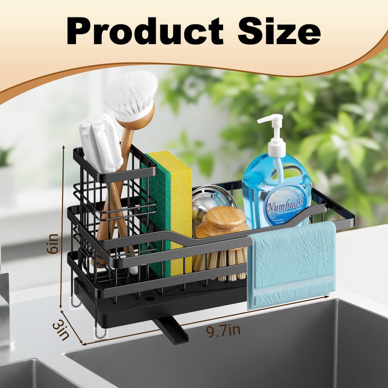 GUUKAR Sponge Holder for Kitchen Sink, Self-draining Sink Organizer with Towel Rack and Brush Holder, Metal Kitchen Sink Organizer for Countertop, Black - Image 3