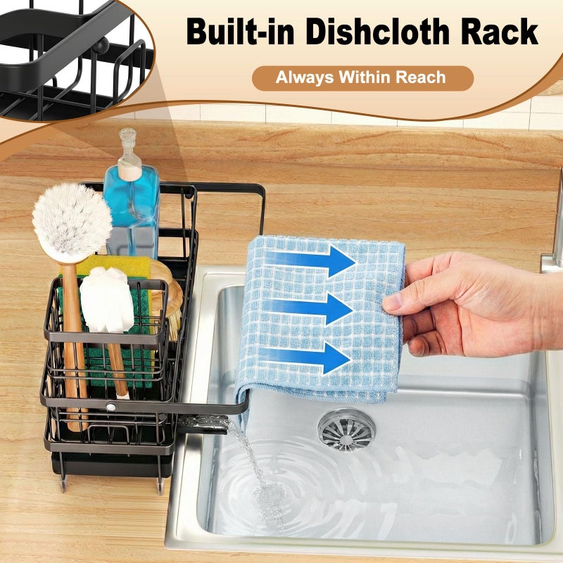GUUKAR Sponge Holder for Kitchen Sink, Self-draining Sink Organizer with Towel Rack and Brush Holder, Metal Kitchen Sink Organizer for Countertop, Black - Image 4