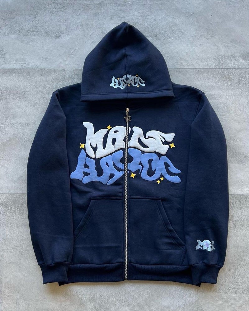 American Street Sweatshirt Hip-Hop Retro Fashion Trend Letter Printed Zipper Sweatshirt Autumn and Winter Hoodie for Men and Women Navy blue zipper (printing)