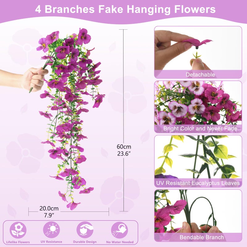 ZFProcess Fake Artificial Flowers for Outdoors, 4 Pcs Faux Hanging Pansy Flowers Spring Summer Decor, UV Resistant Fake Plants Silk Flower for Planter Front Door Porch Patio Yard Garden(Gradient Purple Red) - Image 4