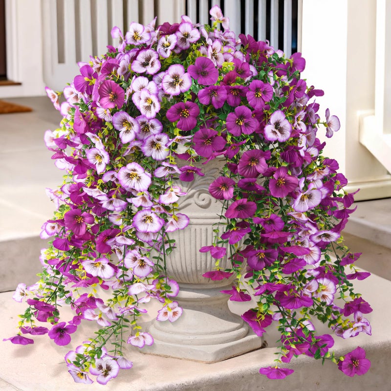 ZFProcess Fake Artificial Flowers for Outdoors, 4 Pcs Faux Hanging Pansy Flowers Spring Summer Decor, UV Resistant Fake Plants Silk Flower for Planter Front Door Porch Patio Yard Garden(Gradient Purple Red) - Image 1