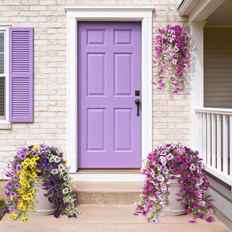 ZFProcess Fake Artificial Flowers for Outdoors, 4 Pcs Faux Hanging Pansy Flowers Spring Summer Decor, UV Resistant Fake Plants Silk Flower for Planter Front Door Porch Patio Yard Garden(Gradient Purple Red) - Image 2