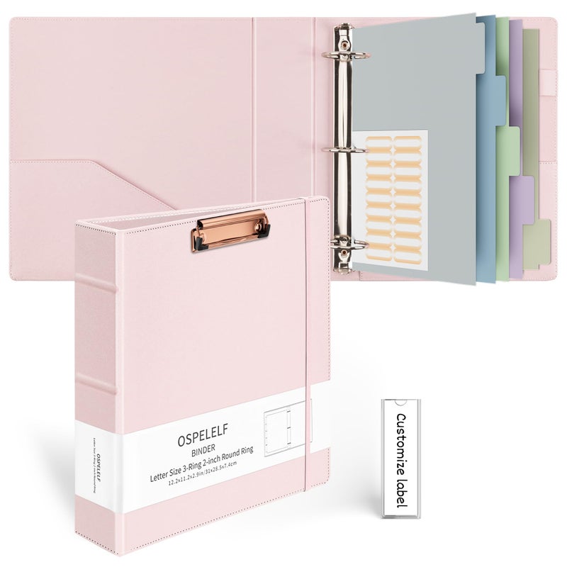 Ospelelf Vintage Hardcover 3 Ring 2 inch Leather Binder, Professional Binder Organizer Suitable for Letter Size, Binder Dividers with Tabs, Clipboard Design, Faux Rose Pink Leather - Image 1