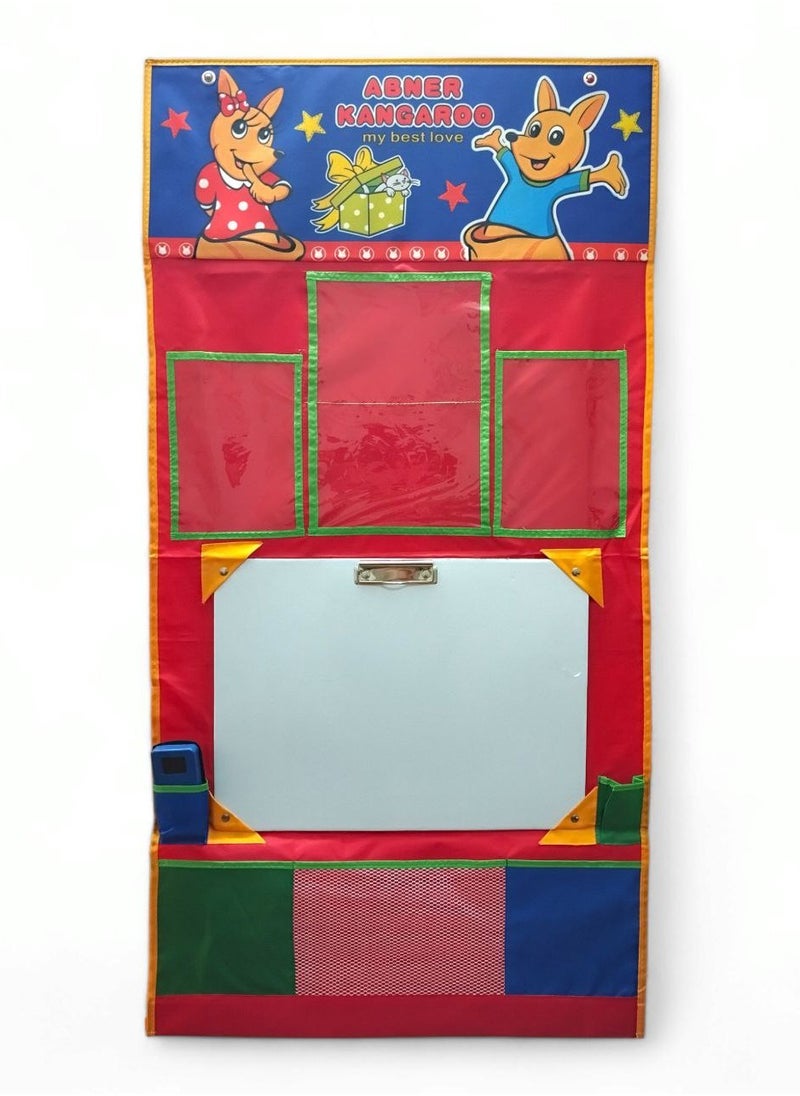 Kids Chalkboard Wall Hanging Writing Drawing Board Home School Chalkboard with Pockets for Paper Photo Pen and Wipe Holder Foldable Portable Organizer 116x60cm  - Image 1
