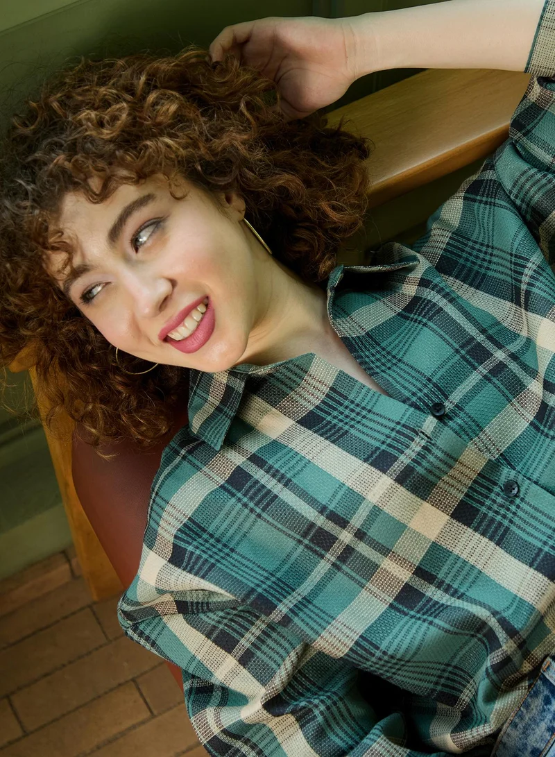 Pinacolada  Women's Green Checkered Oversized Shirt For Casual Wear | V-Neck | Long Sleeve | Button Closure | Shirt Crafted With Cotton Comfort Fit For Everyday Wear for Women | Best Price UAE