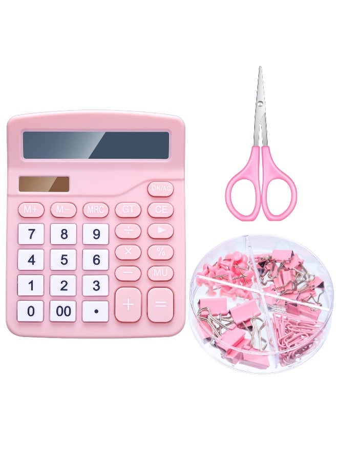 Calculator Office Set Includes Pink Handheld Desk Calculator, Pink Stainless Steel Scissors, and Various Pink Binder Sets for School Home Offices (Set of 3) - Image 1