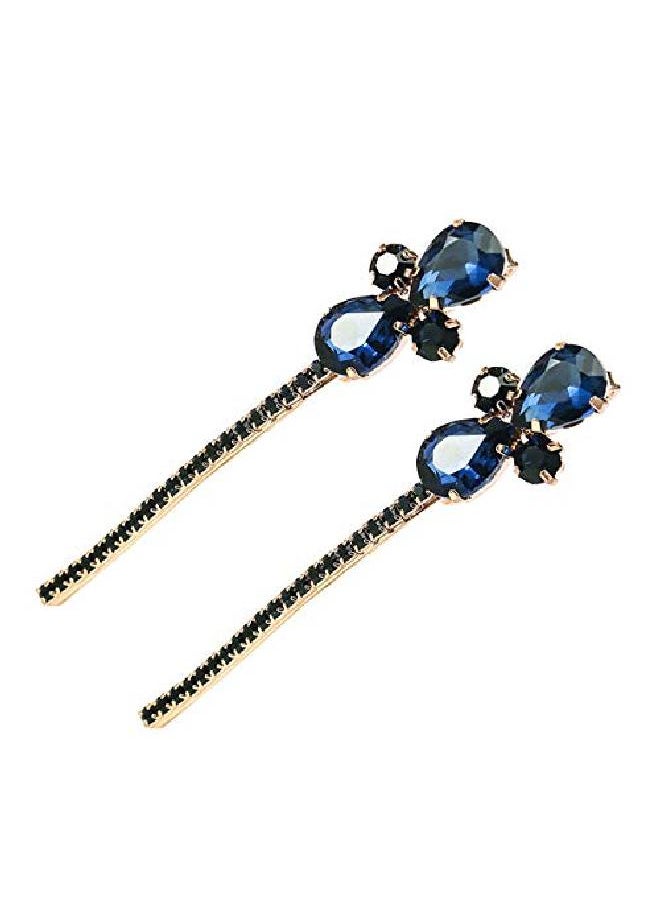 Suoirblss 2Pcs Women Lady Vintage Imitation Crystal Rhinestone Alloy Barrettes Side Clip Hairpin Hair Clip Bobby Pins Hair Accessories For Wedding Bridal (Blue)  - Image 2