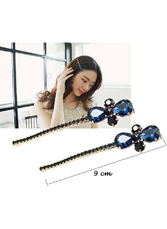 Suoirblss 2Pcs Women Lady Vintage Imitation Crystal Rhinestone Alloy Barrettes Side Clip Hairpin Hair Clip Bobby Pins Hair Accessories For Wedding Bridal (Blue)  - Image 3