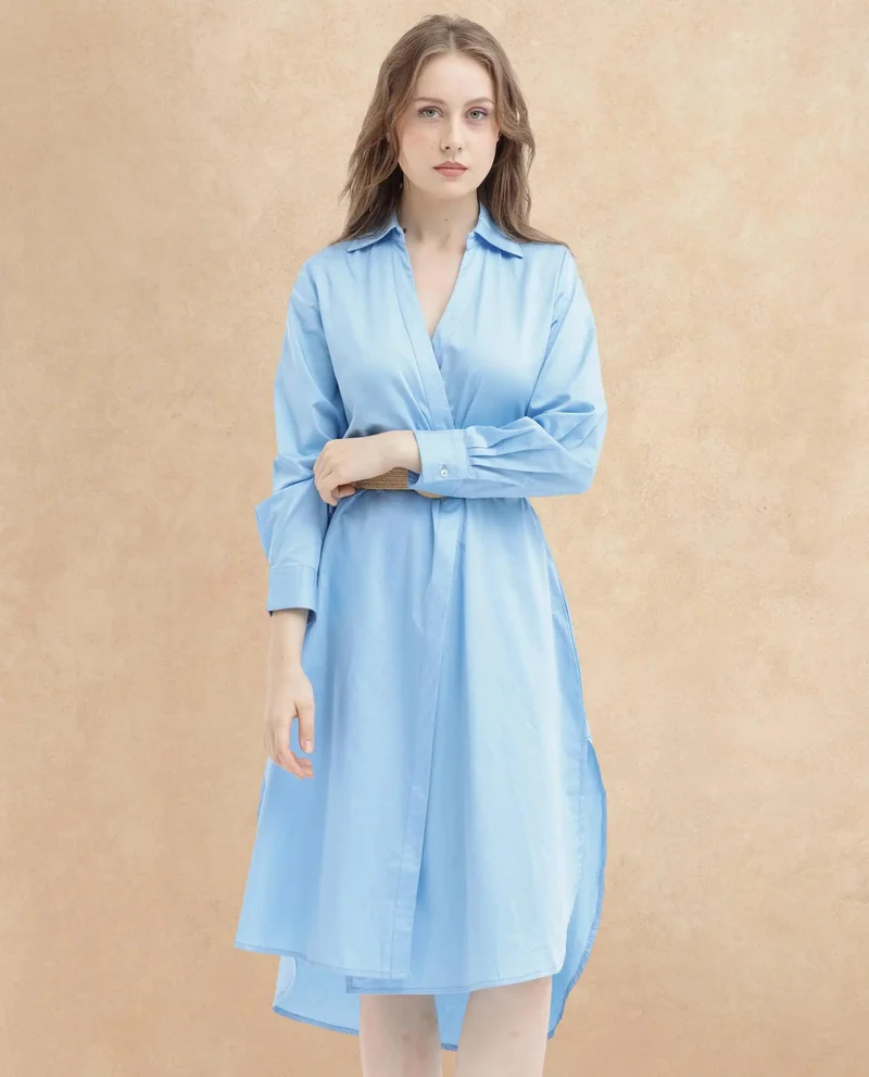 ريريزم Rareism Women's Kiril Light Blue Cotton Fabric Johnny Collar Button Closure Cuffed Sleeve Plain Relaxed Fit Midi Dress