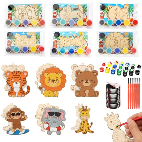 Kathfly 24 Pack End of Year Craft Kit for Kids Safari Animals Classroom Exchange Gifts End of Year Wooden Magnet Painting Craft with Cards DIY School Exchange Gifts for Preschool Girls Kids Boys - Image 1