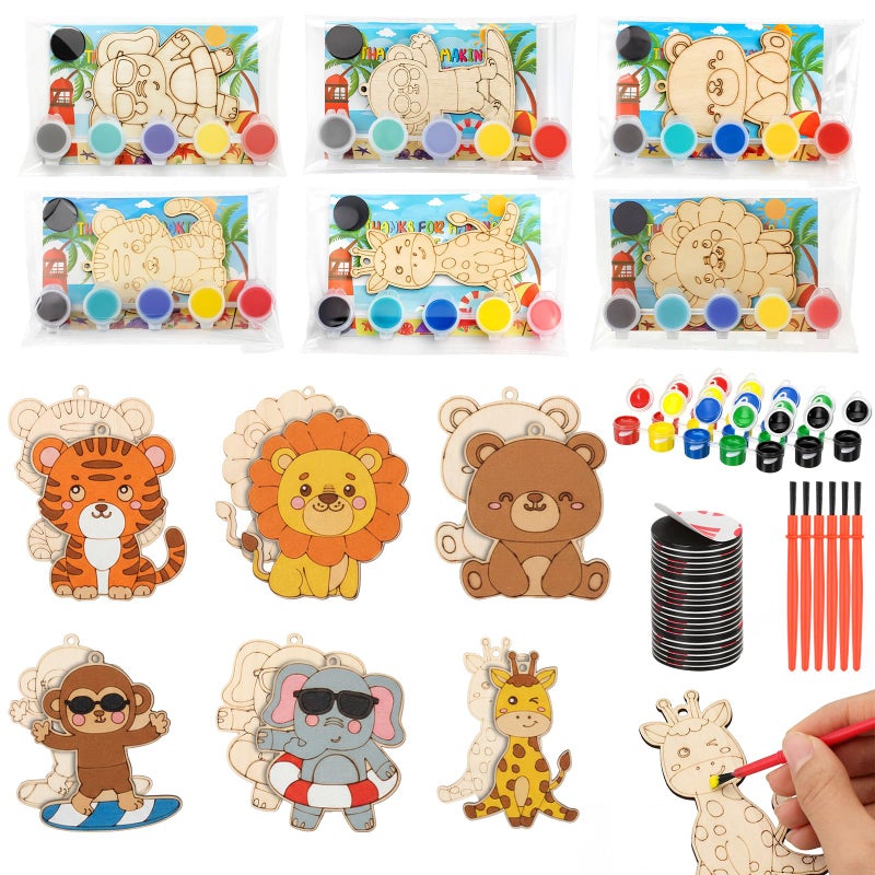 Kathfly 24 Pack End of Year Craft Kit for Kids Safari Animals Classroom Exchange Gifts End of Year Wooden Magnet Painting Craft with Cards DIY School Exchange Gifts for Preschool Girls Kids Boys - Image 3