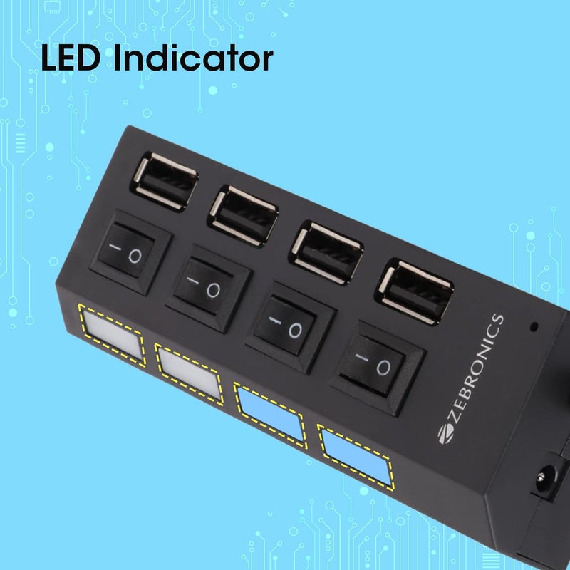 ZEBRONICS محور USB 4 منافذ 150Hb مع مفتاح تشغيل/إيقاف مخصص، مؤشرات LED، طول كابل 45 سم، منفذ إدخال طاقة اختياري، استخدام متعدد الأجهزة والتوصيل والتشغيل - Image 4