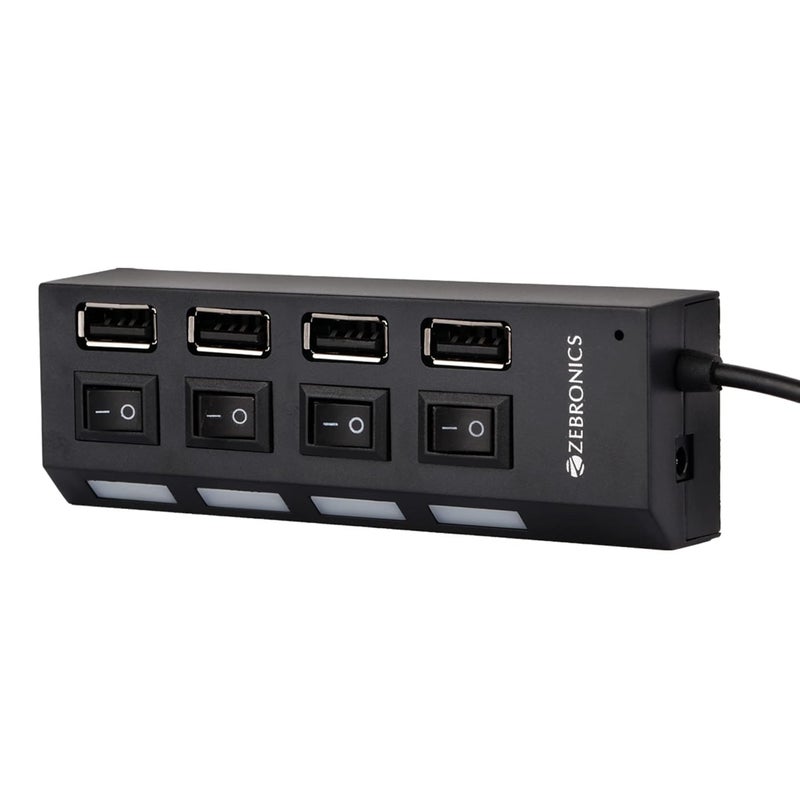 ZEBRONICS محور USB 4 منافذ 150Hb مع مفتاح تشغيل/إيقاف مخصص، مؤشرات LED، طول كابل 45 سم، منفذ إدخال طاقة اختياري، استخدام متعدد الأجهزة والتوصيل والتشغيل - Image 1