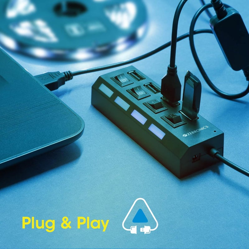 ZEBRONICS محور USB 4 منافذ 150Hb مع مفتاح تشغيل/إيقاف مخصص، مؤشرات LED، طول كابل 45 سم، منفذ إدخال طاقة اختياري، استخدام متعدد الأجهزة والتوصيل والتشغيل - Image 5