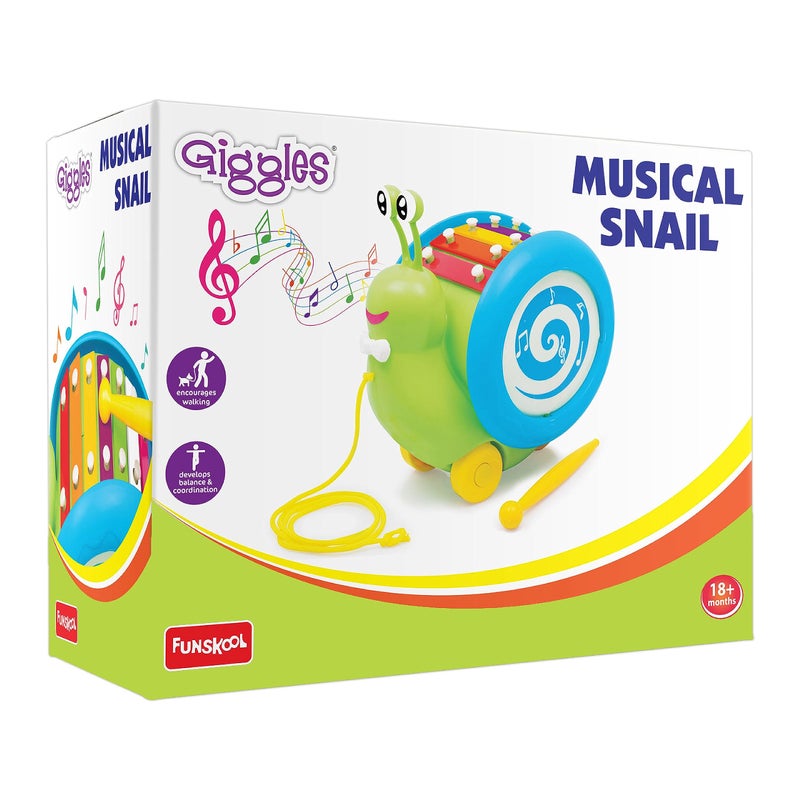 giggles Funskool Giggles - 3 in 1 Pull Along Musical Snail,Toys for Kids, Xylophone for Kids, Drum Set, Walking Preschool Toys (18 Months & Above, Infant, Multicolour - Image 4