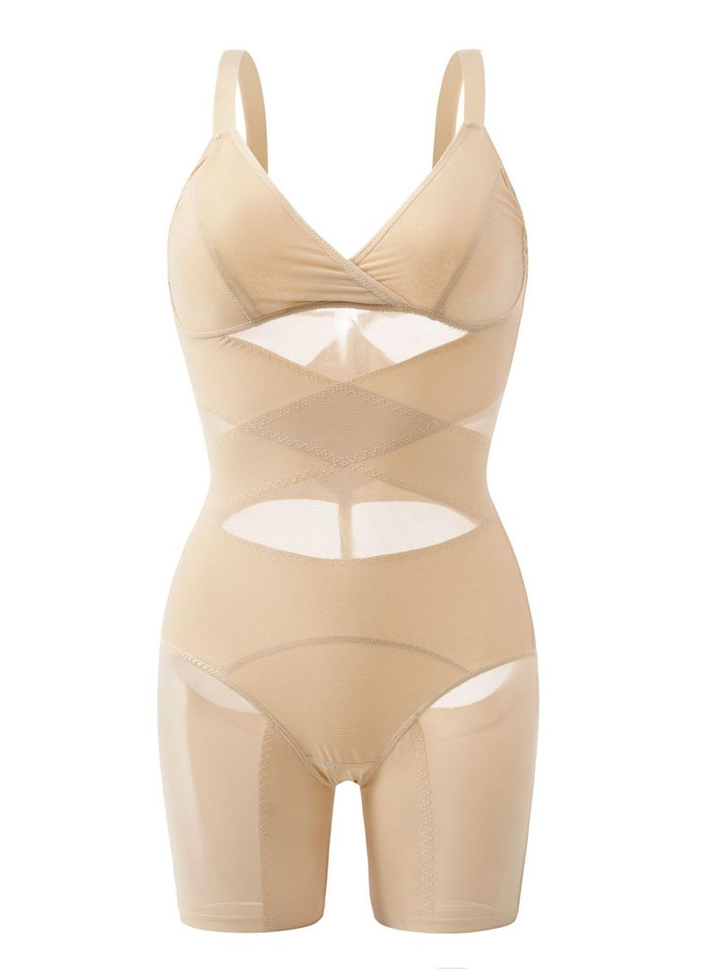 Loquat Women's Solid Color Elastic Breathable Bodysuit Shapewear Tummy Control Slimming Jumpsuit Lifting Bodysuit Beige 