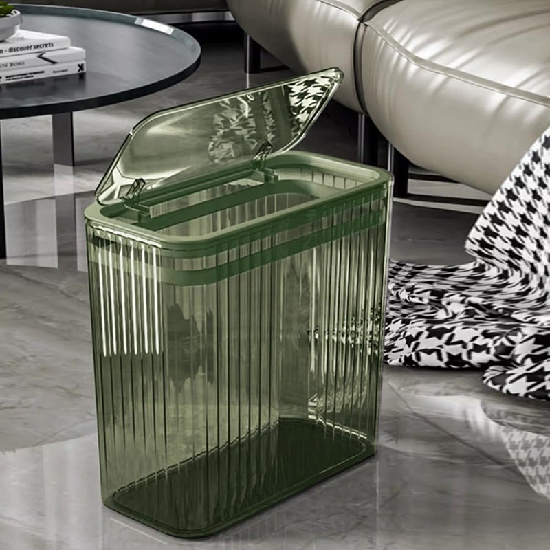 Lingerlanden Transparent Trash Can, Bathroom Trash Cans with Lids, 3.5 Gallon Garbage Can for Bedroom, Office, Plastic Slim Waste Basket with Press Top Lid, 15L Clear Trash Bin for Home, Kitchen (Green) - Image 3