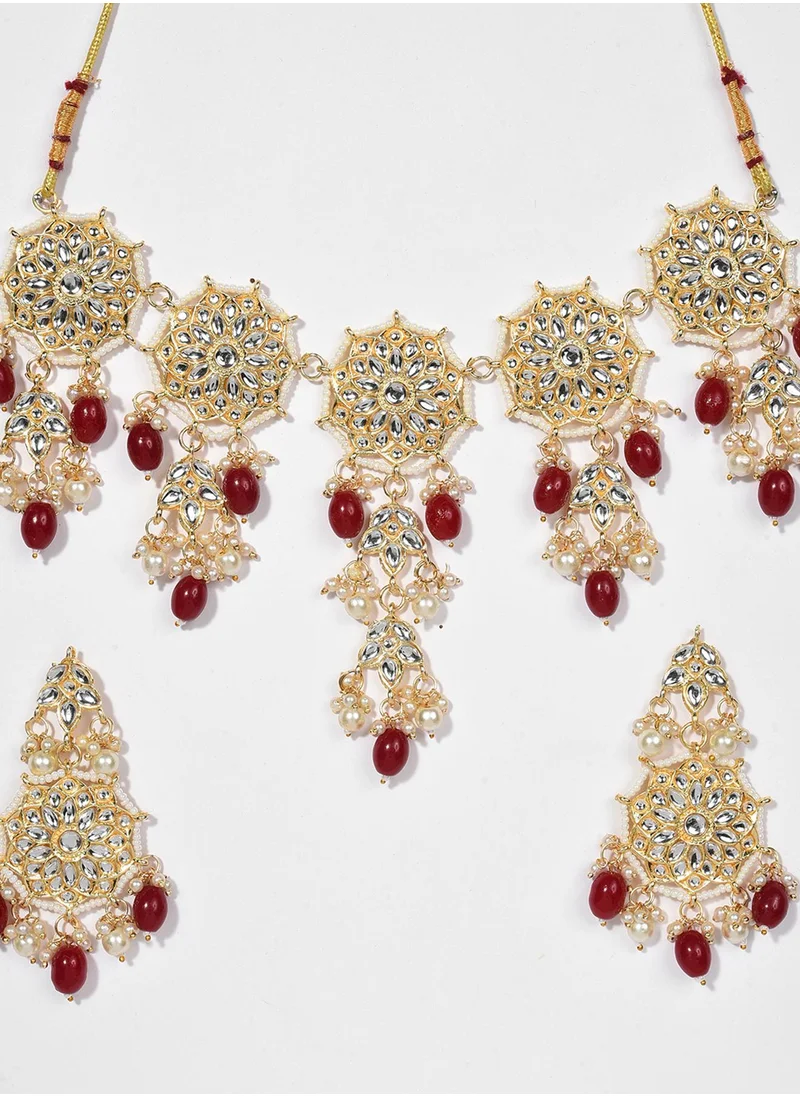 SOHI Stone-Studded & Beaded Necklace & Earrings Set