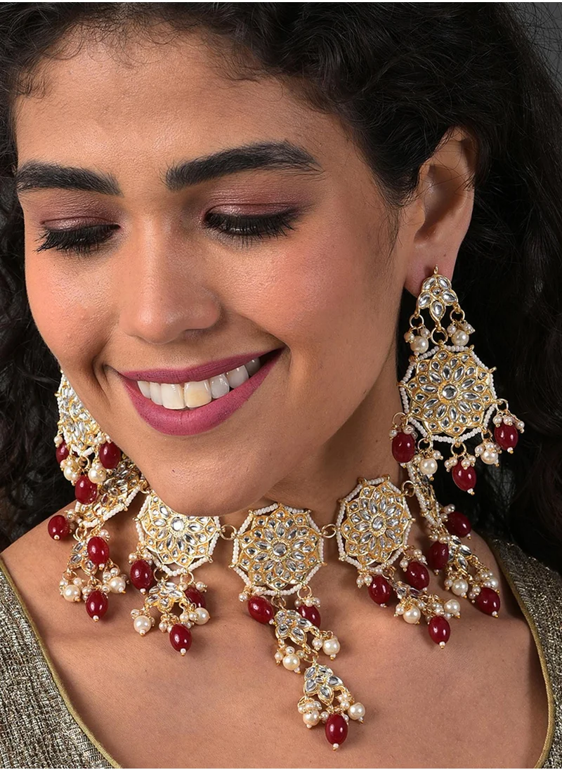 SOHI Stone-Studded & Beaded Necklace & Earrings Set