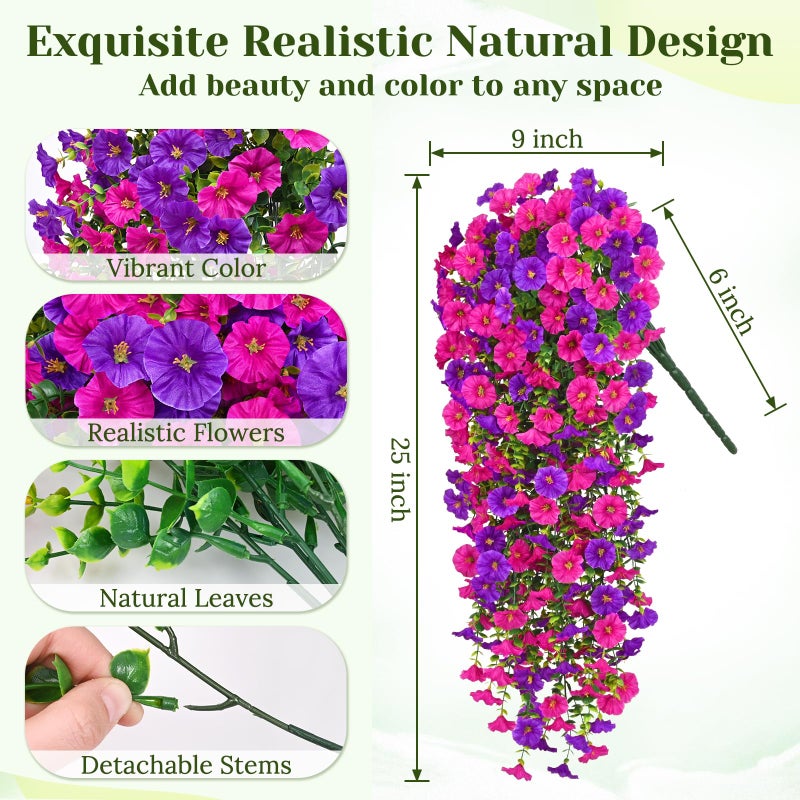 Dolicer 2 Packs Look Real Artificial Flowers for Outdoors, Fake Artificial Hanging Flowers for Outdoors Realistic UV Resistant Hanging Flowers Silk Petunia Faux Flowers for Porch Patio(Purple+Fuchsia) - Image 4
