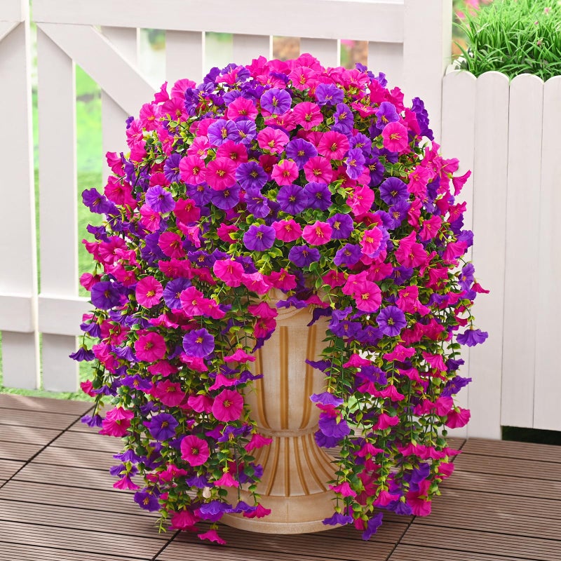 Dolicer 2 Packs Look Real Artificial Flowers for Outdoors, Fake Artificial Hanging Flowers for Outdoors Realistic UV Resistant Hanging Flowers Silk Petunia Faux Flowers for Porch Patio(Purple+Fuchsia) - Image 1