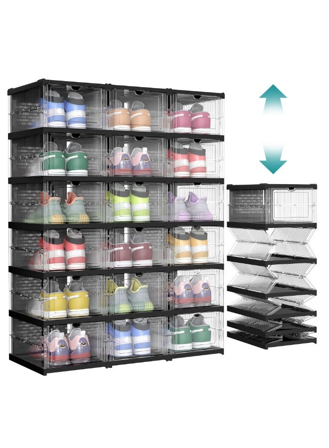 SONGMICS HOME Shoe Boxes, Set of 18 Stackable Shoe Storage Organizers, 3 Folding and Modular Shoe Racks, for up to Size 46, Assembly 60s, Transparent and Black Ink - Image 2