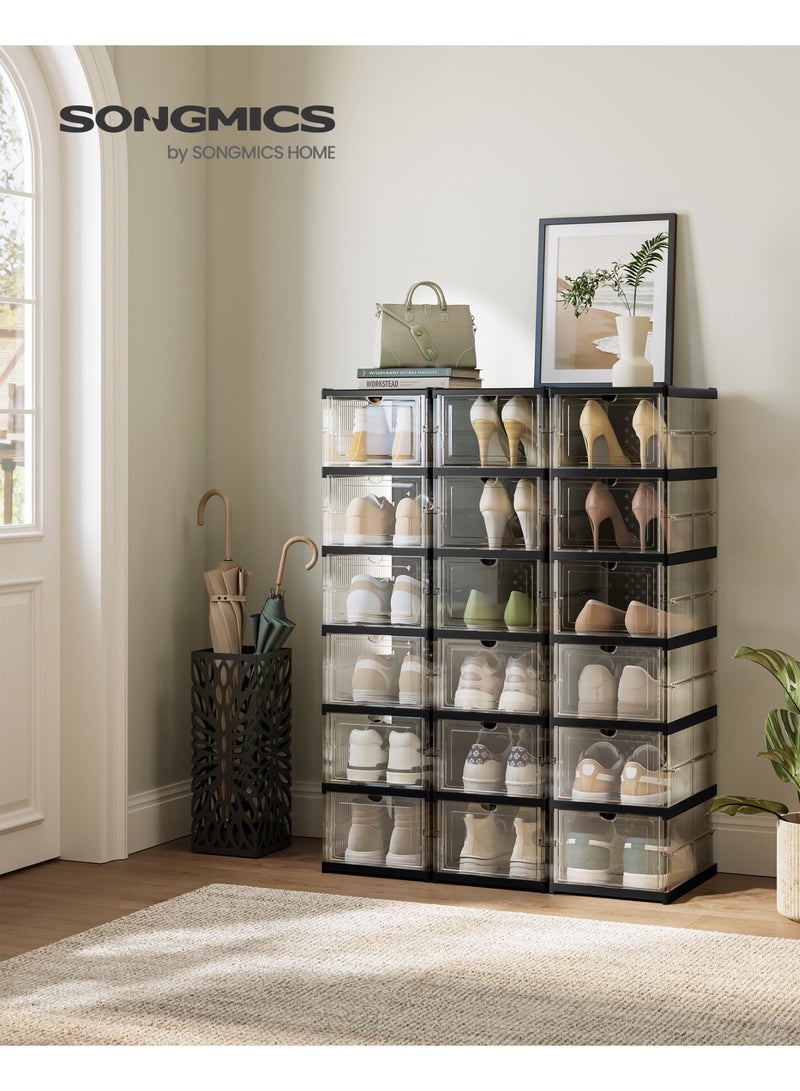 SONGMICS HOME Shoe Boxes, Set of 18 Stackable Shoe Storage Organizers, 3 Folding and Modular Shoe Racks, for up to Size 46, Assembly 60s, Transparent and Black Ink - Image 3