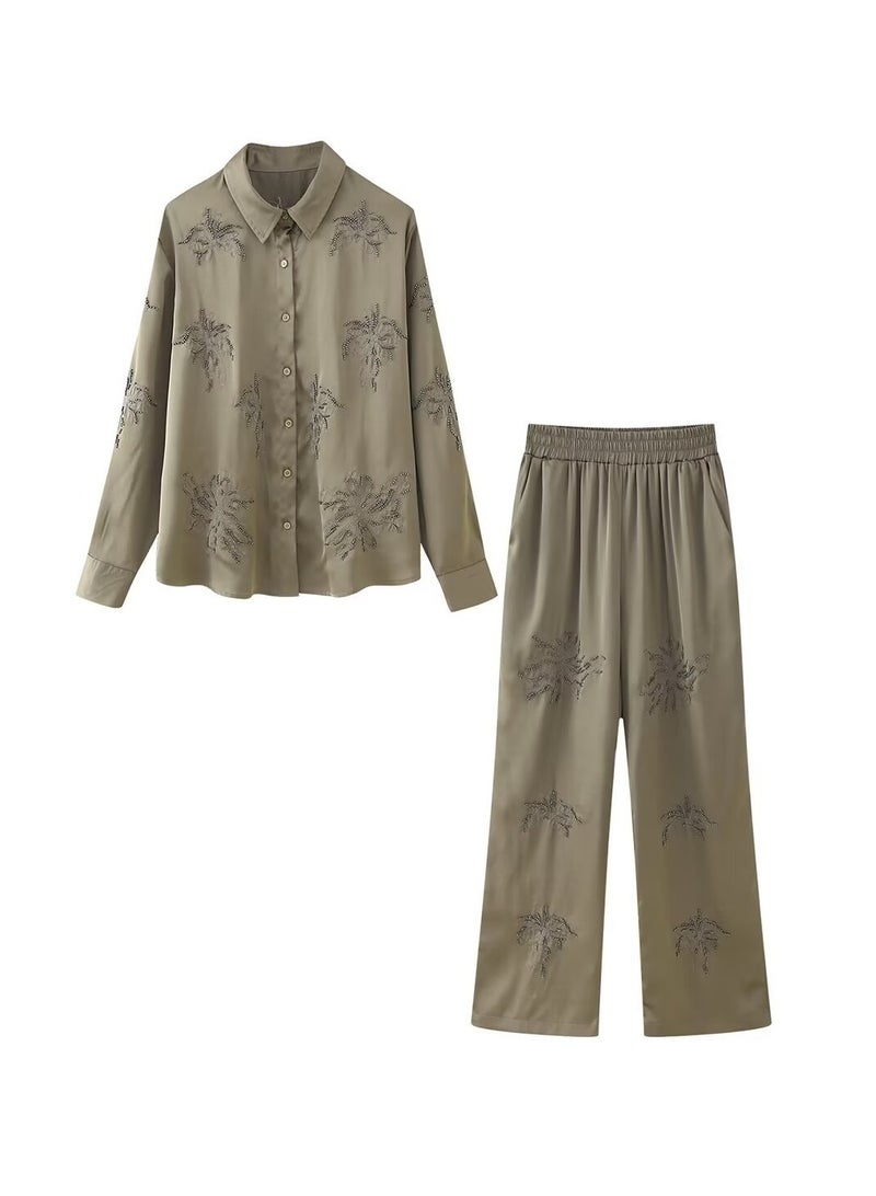 Shougu Casual Style Beaded Embroidered Shirt Straight Leg Pants Set  - Image 1
