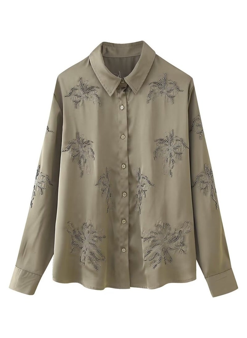 Shougu Casual Style Beaded Embroidered Shirt Straight Leg Pants Set  - Image 2