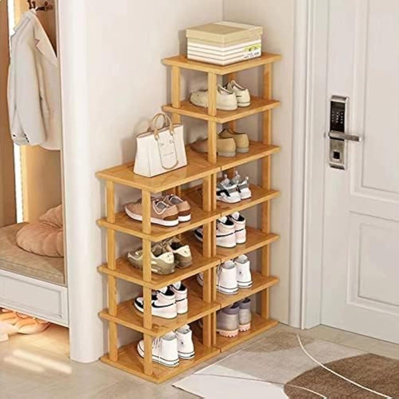 SAN HE Bamboo Shoe Rack 12 Tier- Vertical Shoe Rack for Small Spaces, Tall Narrow Shoe Rack Organizer for Closet Entryway Corner Garage and Bedroom,Skinny Shoe Shelf with Free Stackable DIY - Image 1